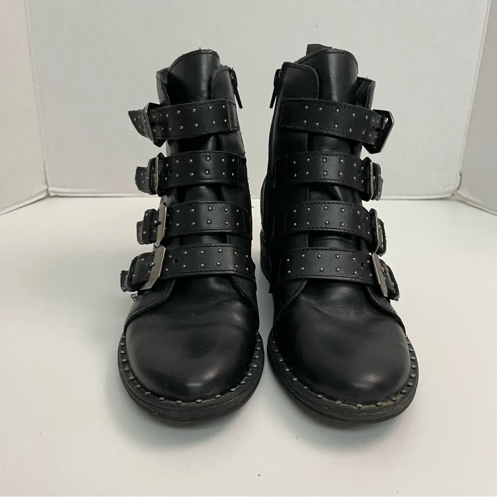 Steve Madden Boots Pursue Leather Ankle Buckles Studded Moto Motorcycle Black - Image 2