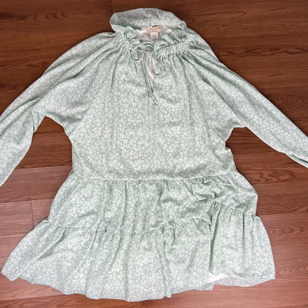Saints & Hearts Smocked V Neck Cheetah Print Mini Dress Ruffle Long Sleeve Sz S Green - Image 12