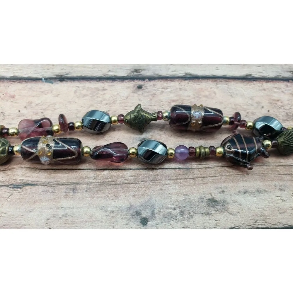 Double Strand Beaded Bracelet Fish Heart Seashell Charms 8" Toggle Clasp Brown - Image 10