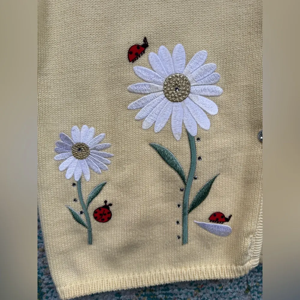 Vintage Tia Designs yellow daisy lady bug appliqué cardigan sweater Size M - Image 10