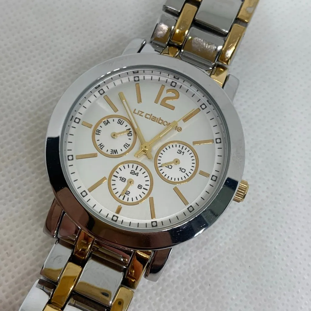 Liz Claiborne women silver gold tone watch 38mm round case quartz 7.5” running - Image 2