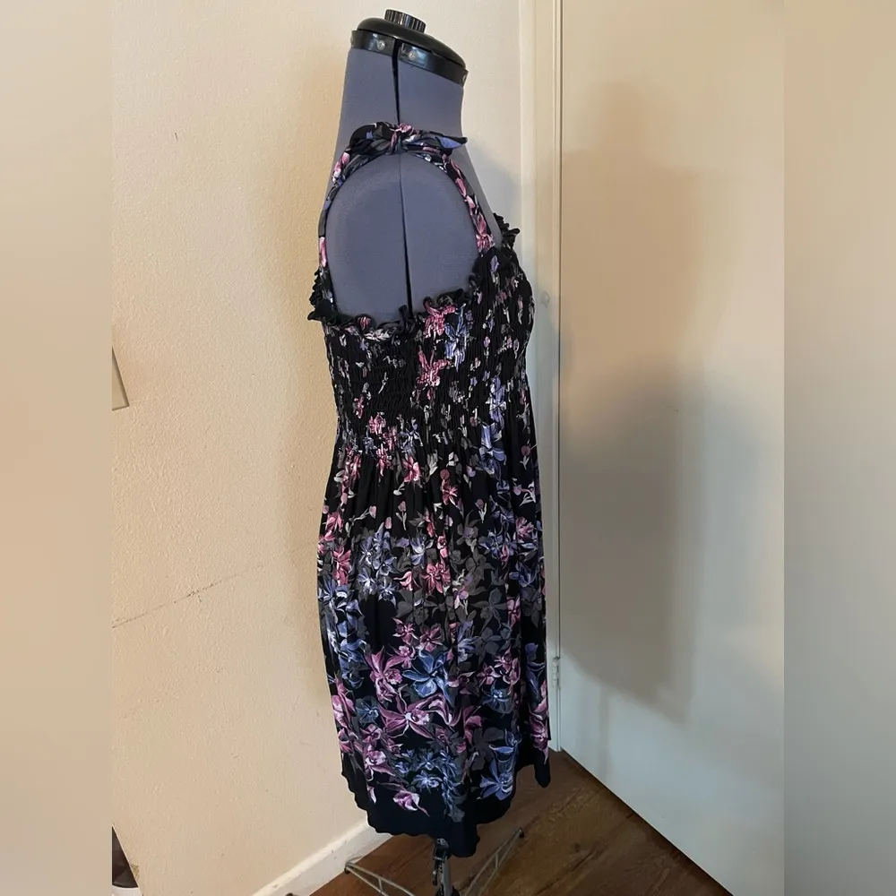 Black Mixed Floral Smocked Dress with Tie Straps - Image 4