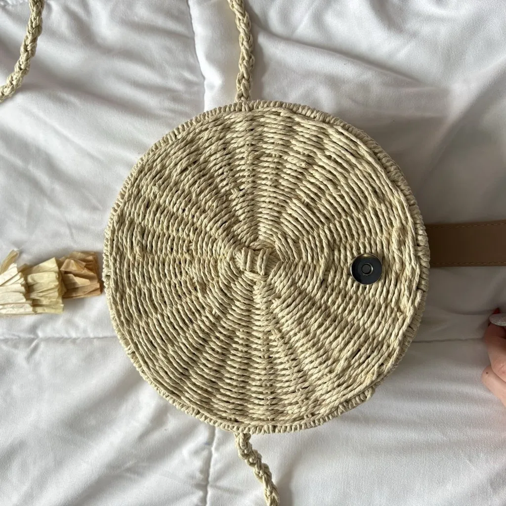 Mia & Tess The Paper Store Crossbody Bag Round Woven Bohemian Hippie Chic Tan - Image 10