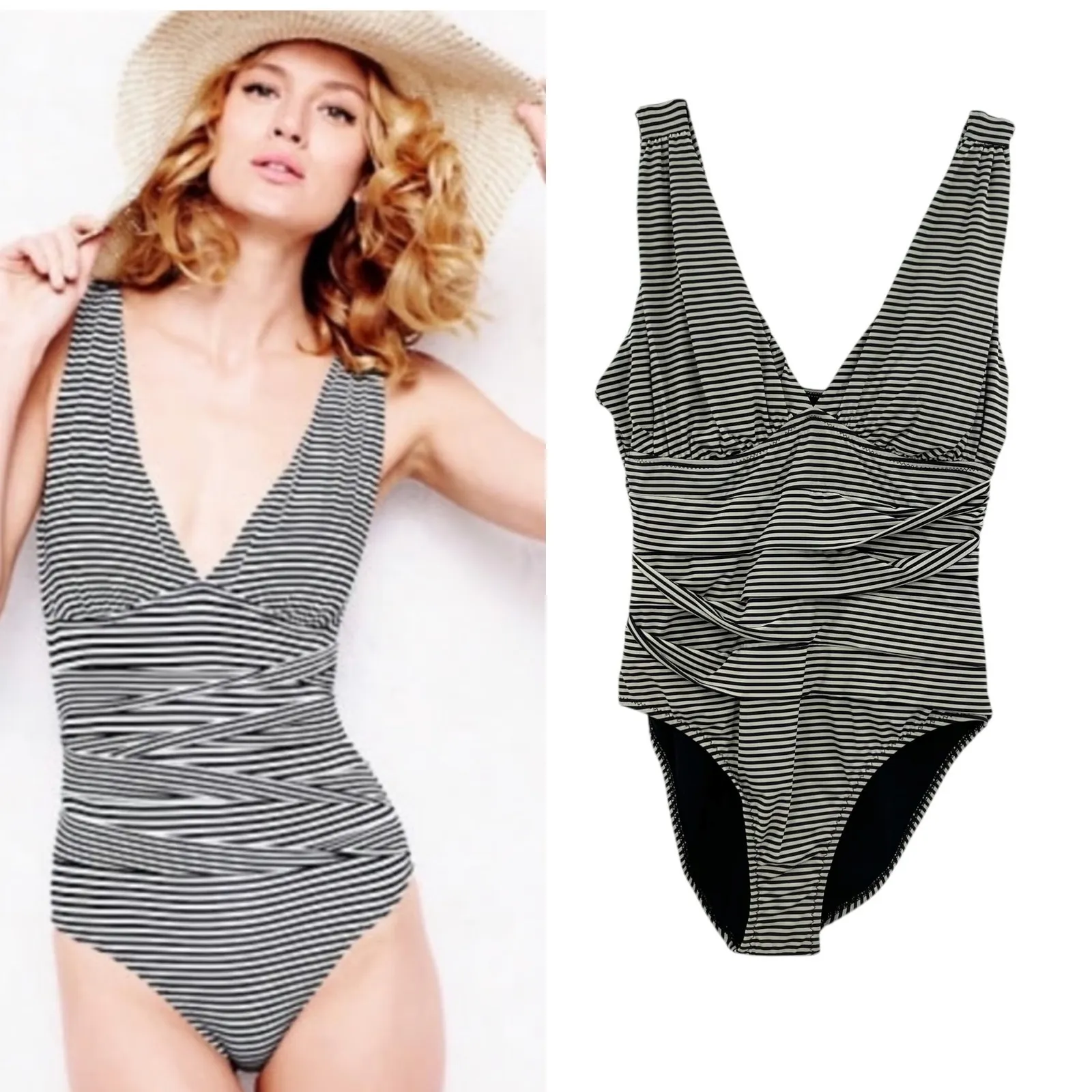 Garnet Hill One Piece Swimsuit Ruched Plunge Striped Black Cream Size 8 - Image 2
