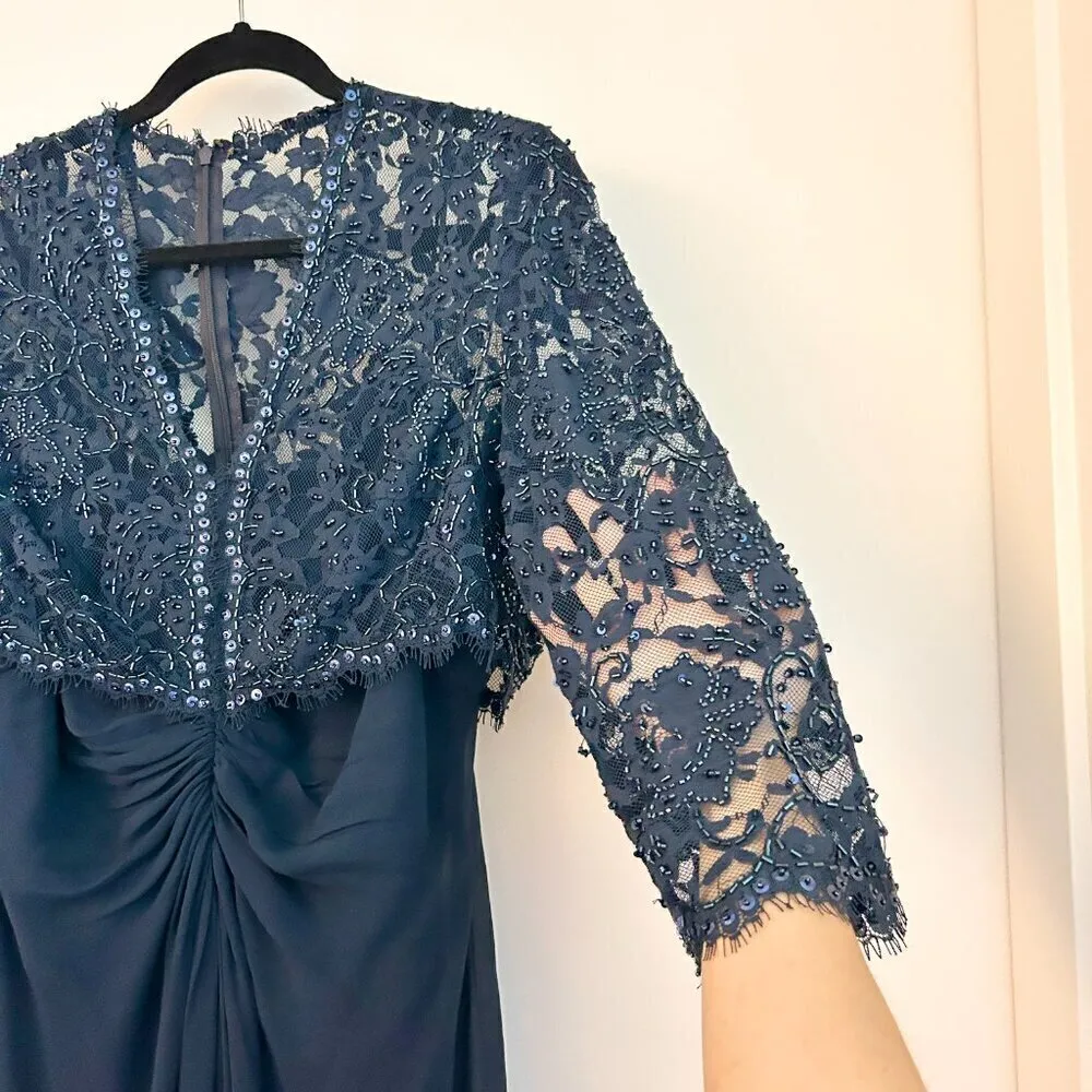 Tadashi Collection Silk Beaded Ruched Long Evening Gown Navy Blue Plus Size 16 - Image 5