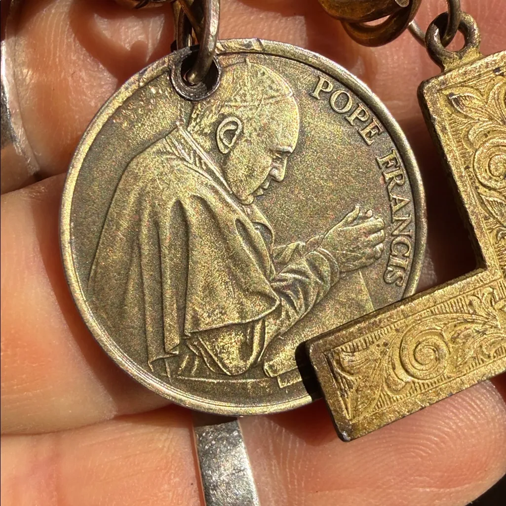 Gold bronze chunky ornate Chain Bracelet with a Cross and Pope Francis medal - Image 3