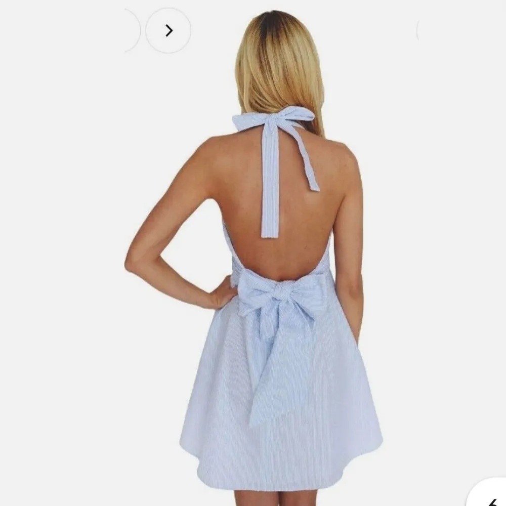 LAUREN JAMES Stratton Seersucker Halter Dress Light Blue & White Size Medium - Image 2