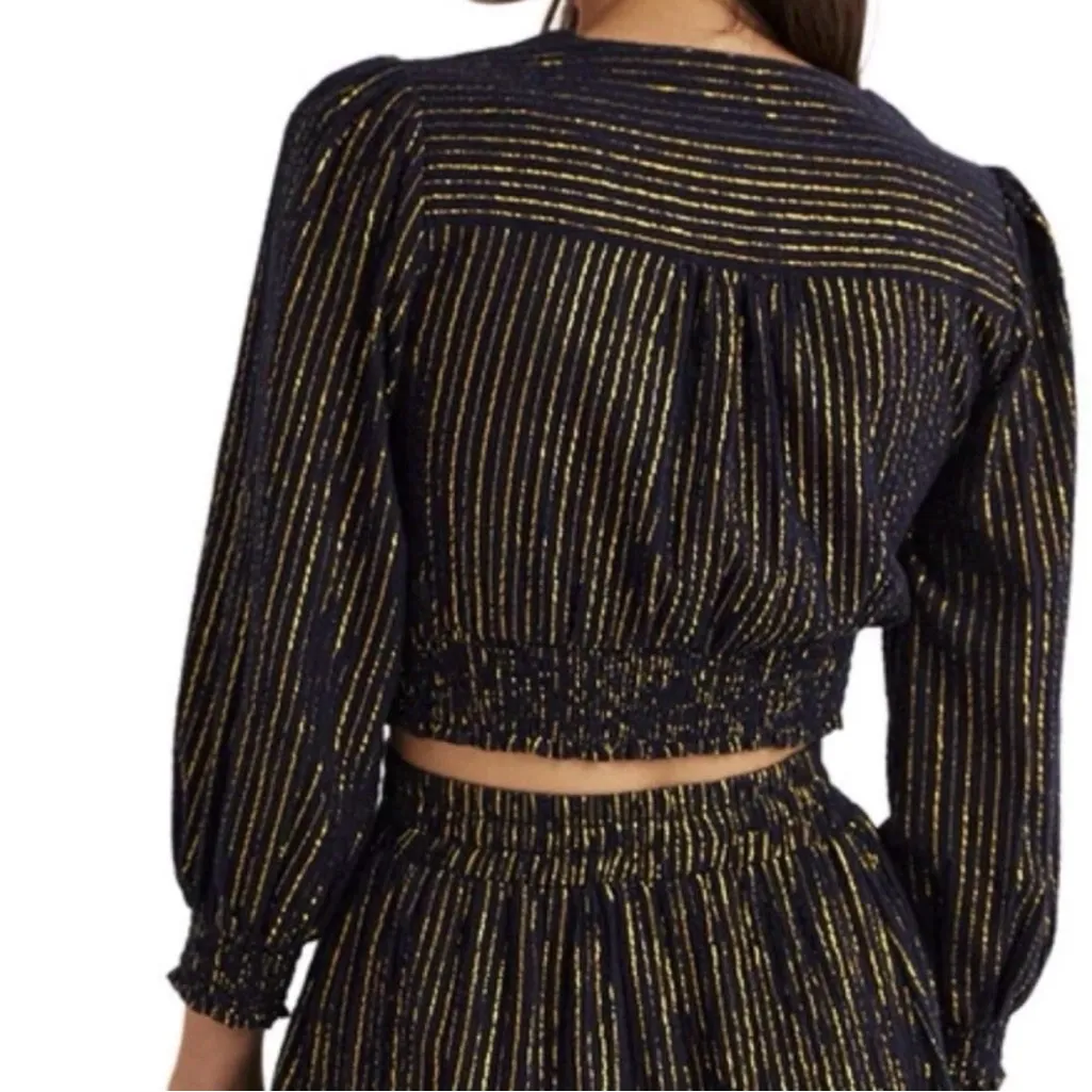 NWT! Boden• Navy & Gold Metallic Lurex Smocked Crop Blouse•Sz 10 Blue - Image 2