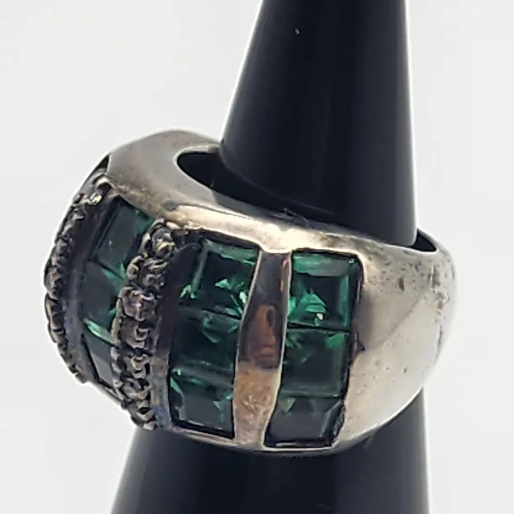 Sterling Silver Green Crystal & Clear CZ Ring (5) Green - Image 2