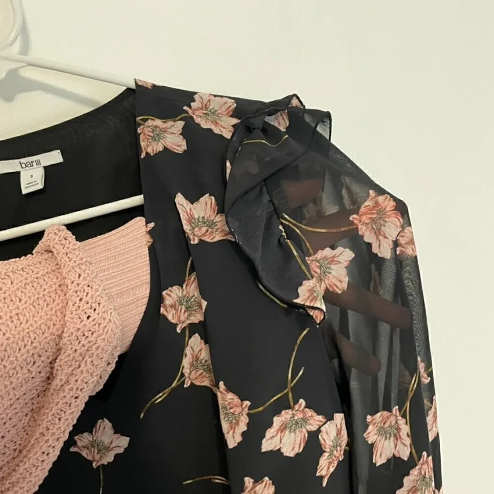 BAR III Floral Print Ruffle Sleeve Blouse Black Pink V-Neck Boho Long Sleeve S - Image 8