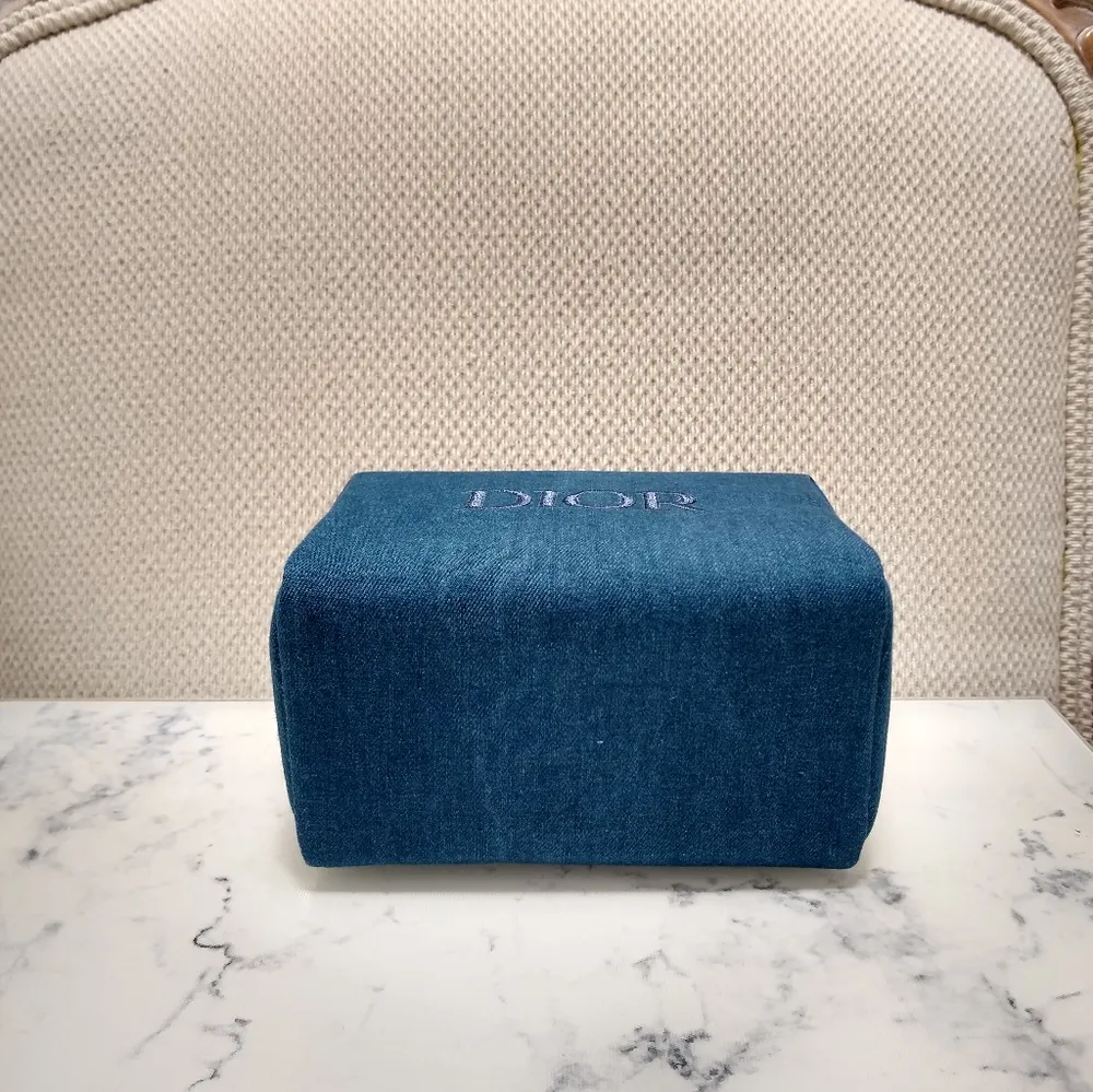 DIOR Denim Embroidered Cosmetic Zipper Trousse Pouch Makeup Cosmetics Bag New - Image 3