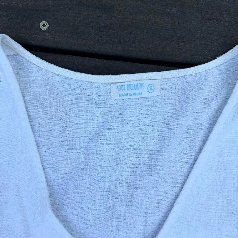 White Linen Mini Dress Babydoll Dress w/ Button - Image 4