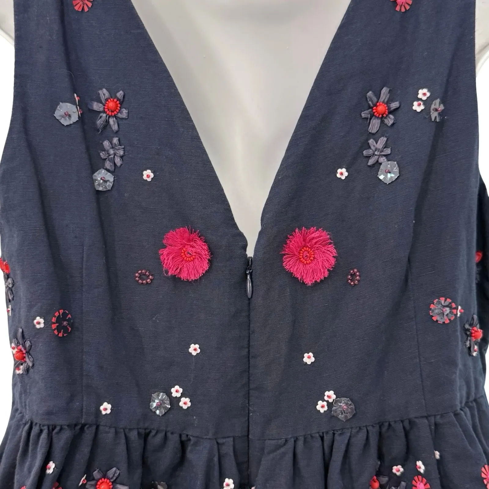 J. Crew Blue Pink Flowers Hand Embellished Linen Blend Peplum Tank Top size 12 - Image 10