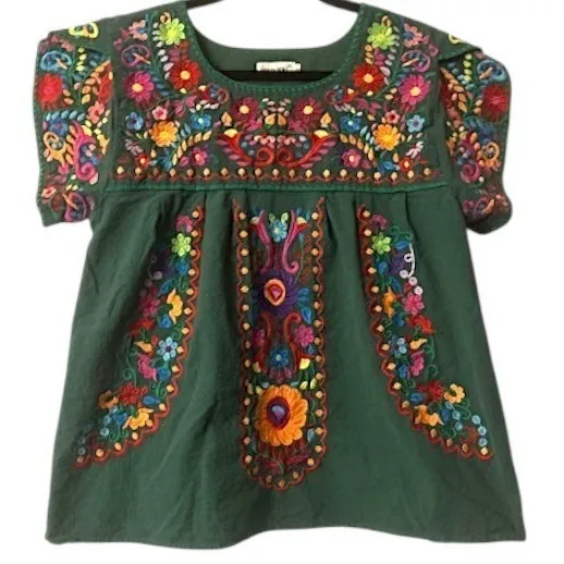 Mexican Embroidered Top S Green Puff Sleeve 100% Cotton Traditional Fiesta Artsy - Image 8