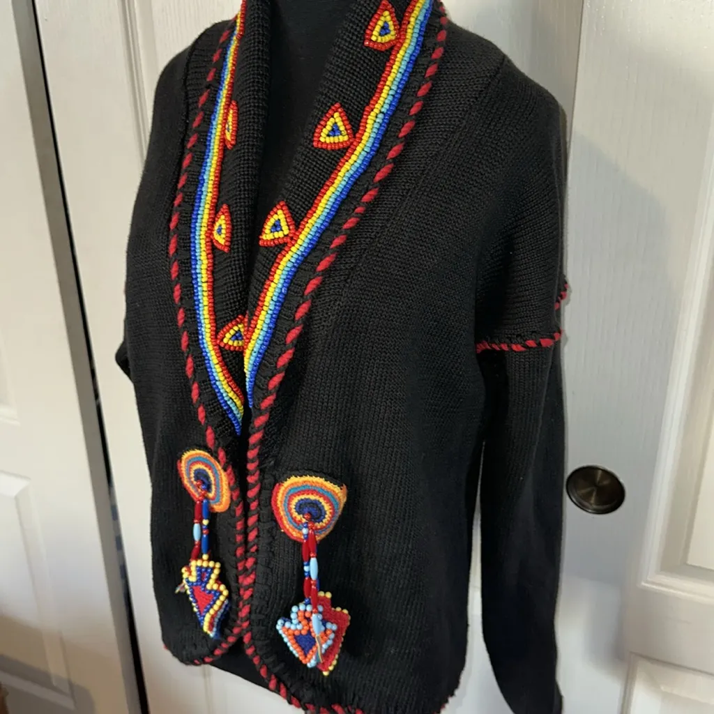 VTG NATIVE AMERICAN HAND BEADED COLORFUL GEOMETRIC CARDIGAN ARROWHEAD Black - Image 2