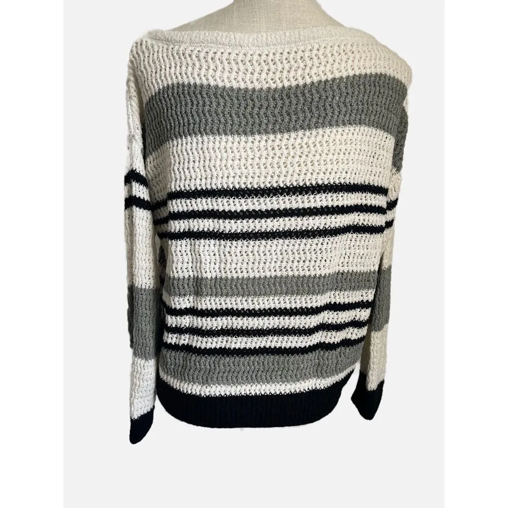 Striped Grey Black Striped Round Neck Loose Knit Sweater Women’s Size Small - Image 3