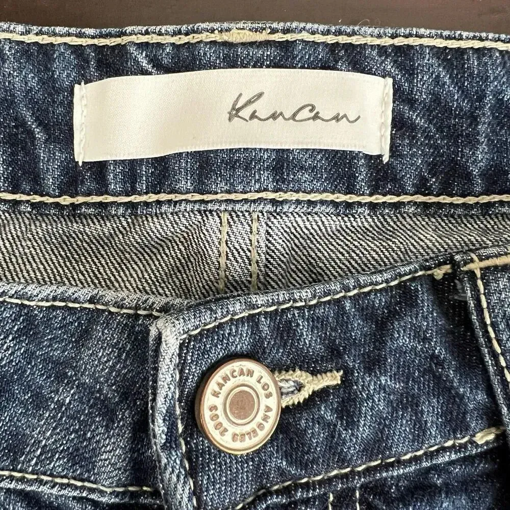 Kancan Bernice High Rise Boyfriend Jeans Distressed Dark Wash Raw Hem Size 28 Blue - Image 8