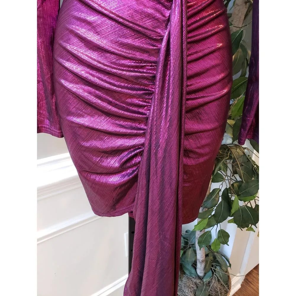 Women's Wrap Dress Small Purple Metallic Tight Waist Ruched Back Zip Deep V Neck - Image 9