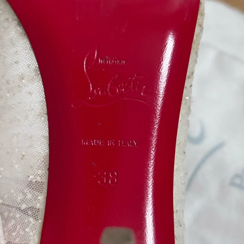 Christian Louboutin Kate Draperia 85 White Glitter Tulle Bridal Low Heel Pump 38 - Image 11