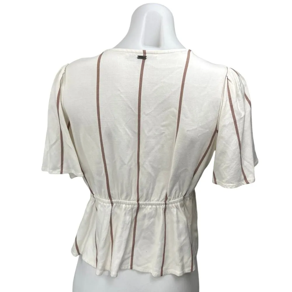 O'Neill Cream Brown Striped Short Sleeve Button Down Peplum Blouse Top Size M - Image 2