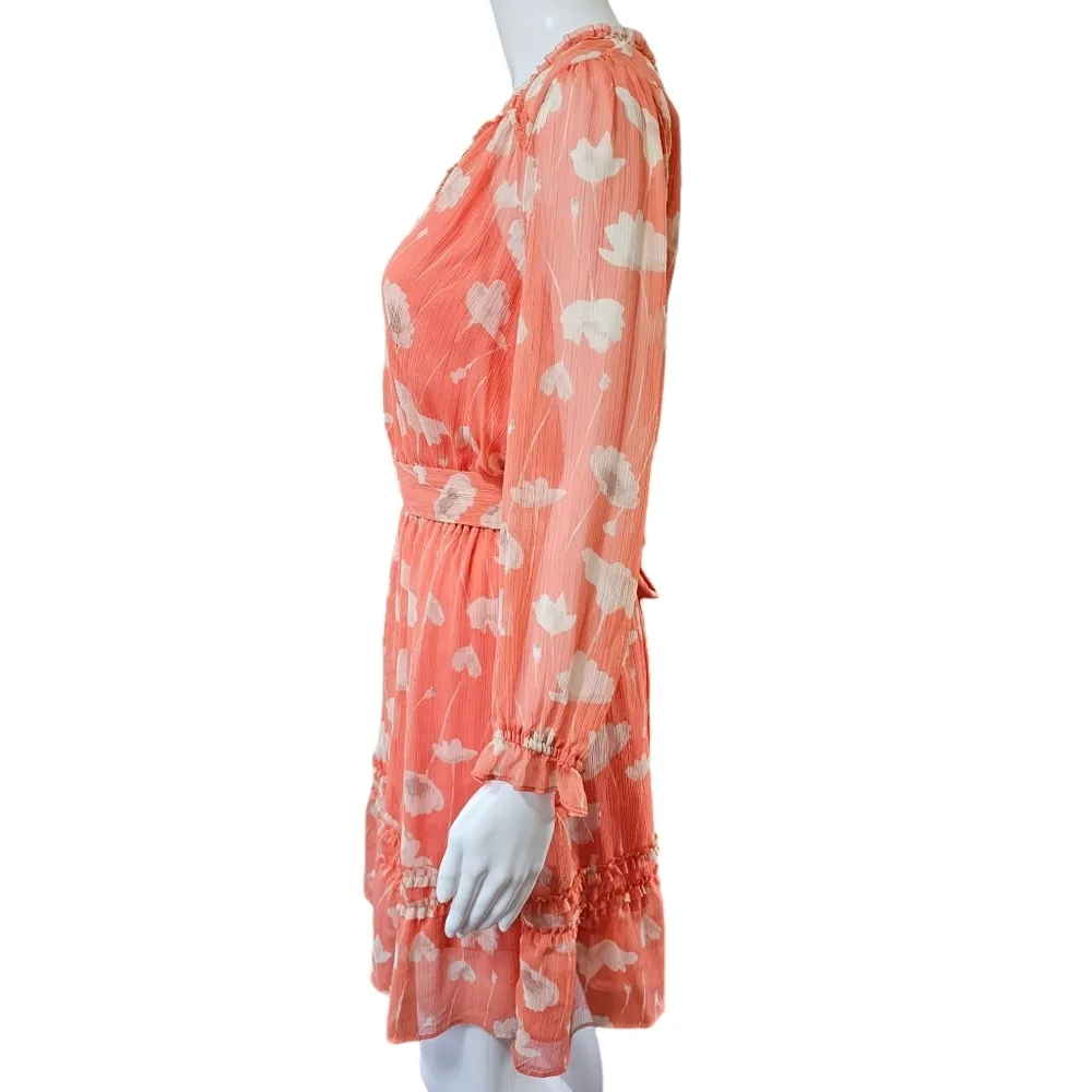 Simply Vera Vera Wang Coral Floral Chiffon Belted Ruffles Midi Dress Size Medium - Image 3