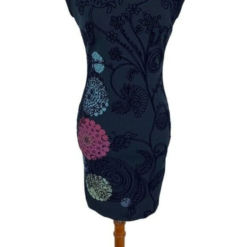 Desigual Sleeveless Bodycon Dress Multicolor Floral Print Blue Small Casual Chic - Image 3