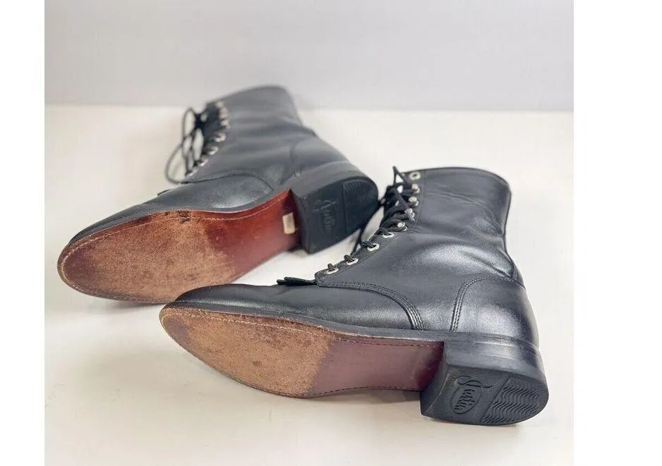 Justin Womens Boots Black Leather Combat Lace Up Kiltie Cowboy Romper US 6.5 - Image 5