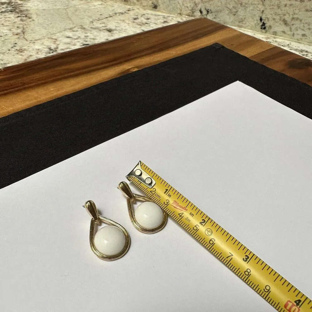 Signed Trifari Gold Tone & White Dangle Drop Pierced Earrings - Image 3