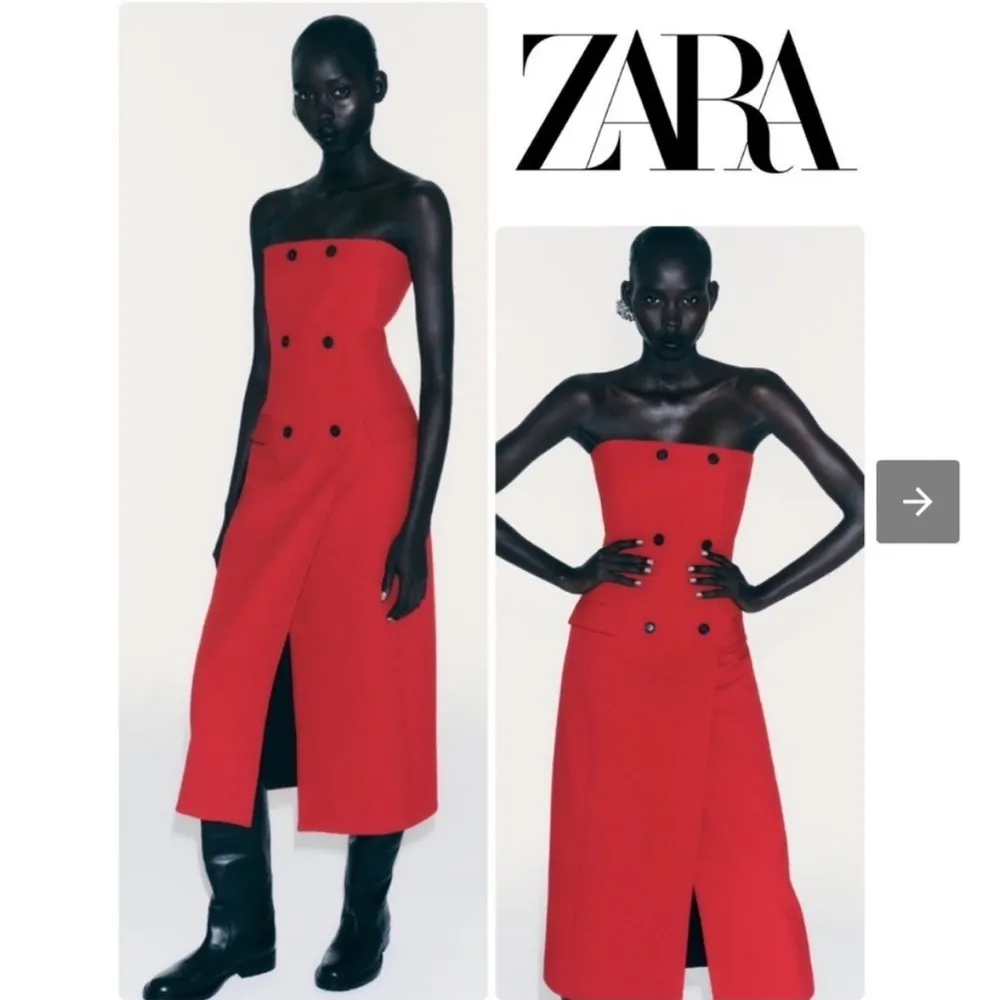 NWT ZARA Red Strapless Midi Dress Sz Medium Flap Pockets Buttons - Image 3