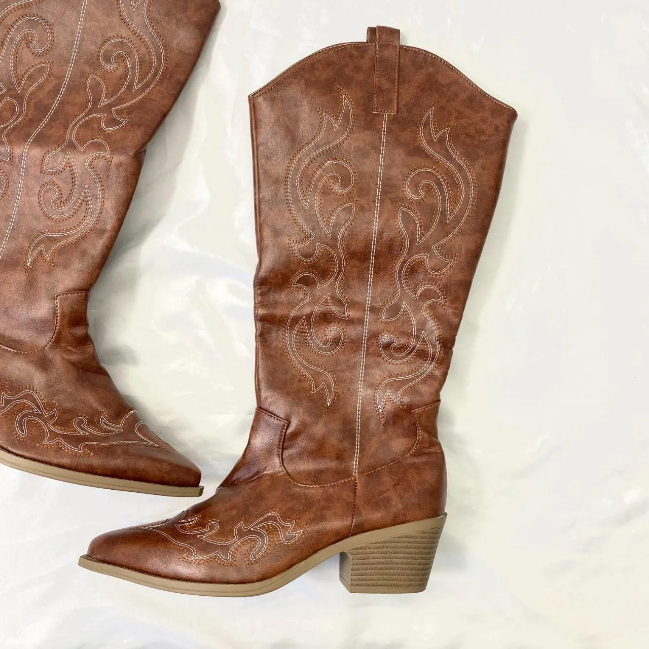 NEW Western Cowgirl Brown Tan Wide Calf Flame Stitched Cowboy Boots US 12.5 - Image 3