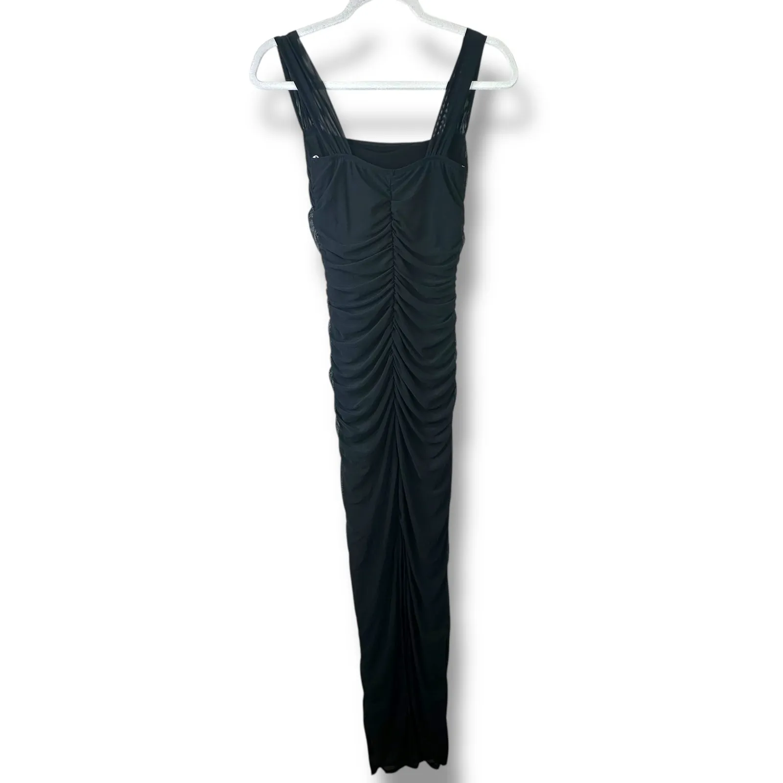 Lulus NWOT Amazing Presence Black Mesh Flirty Ruched Column Maxi Dress Small - Image 10