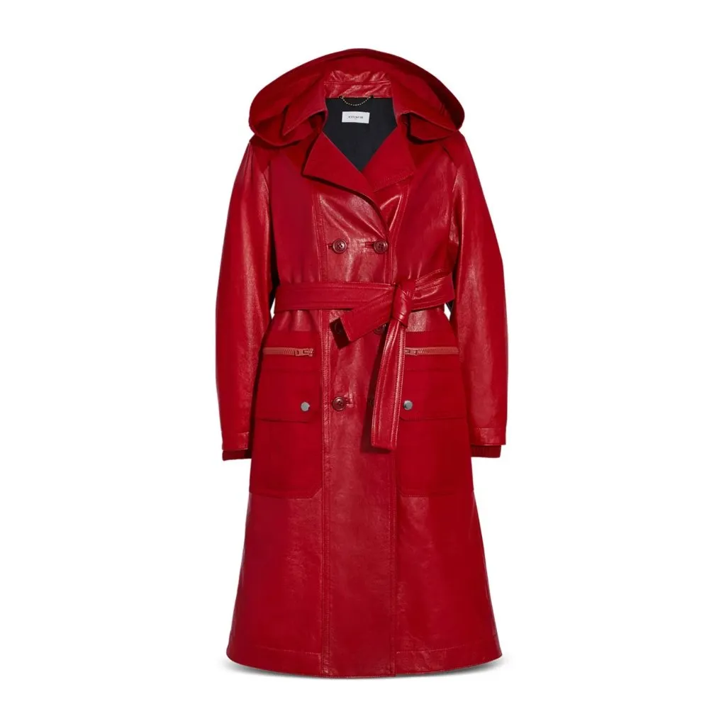 NWT Coach Leather Trench Coat in Red With Ruching Detail Belt Removable Hood 6 - Image 4
