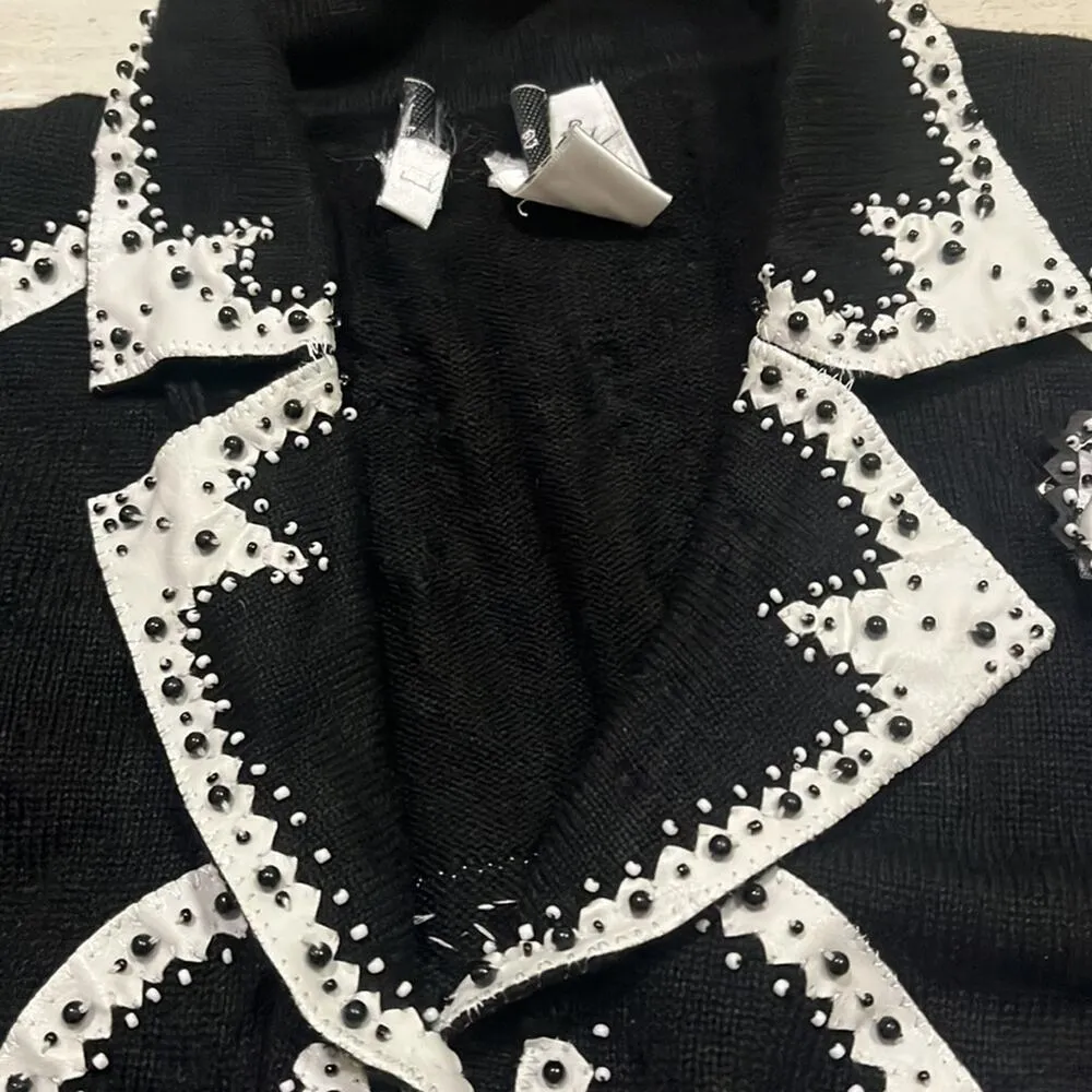Cardigan Sweater Black Knit Beaded Vegan Leather Trim LG Satin Boutonniere NwoT - Image 16