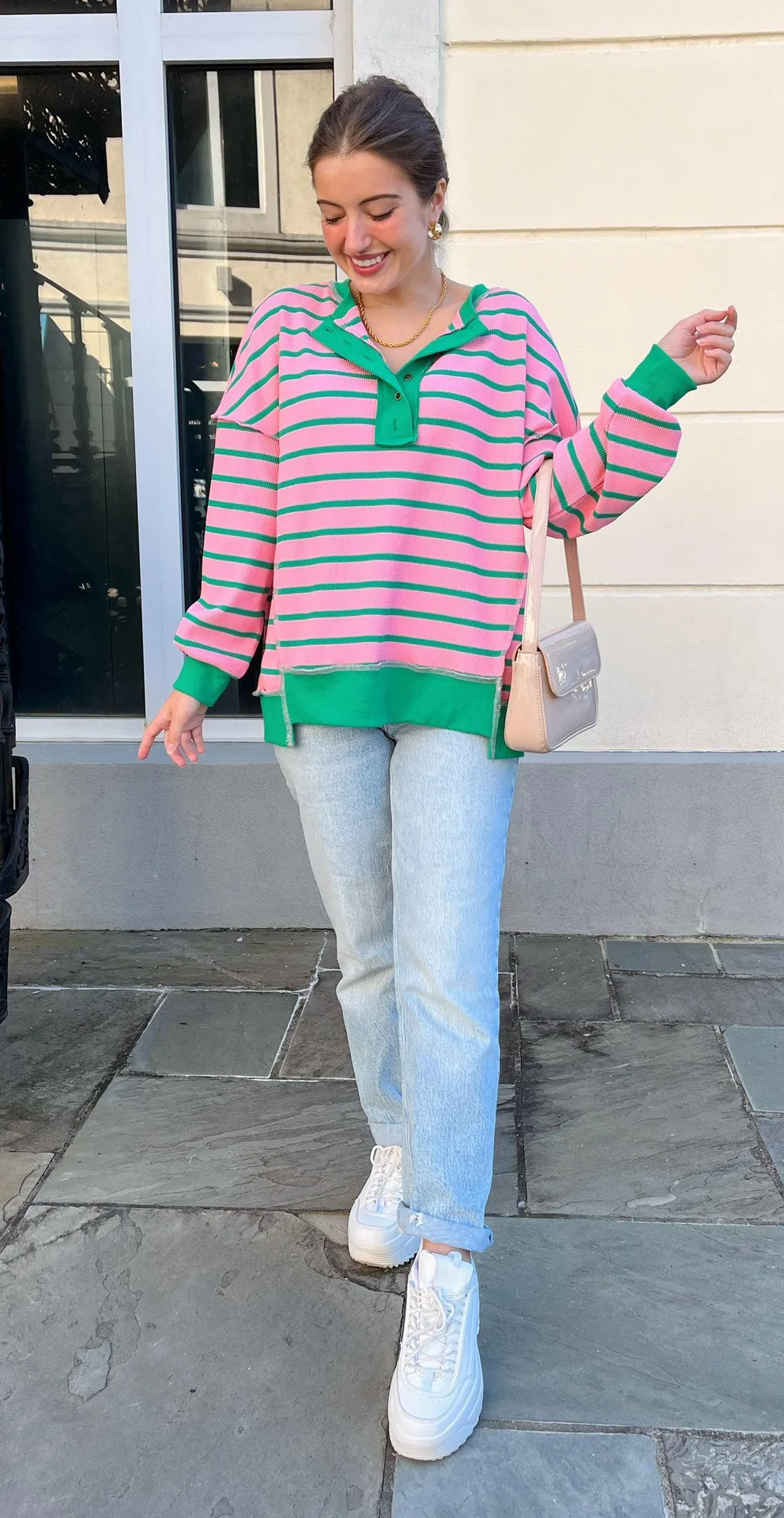 Boutique NWT Boho Pink Striped Long Sleeve Top Comfy Casual - Image 4