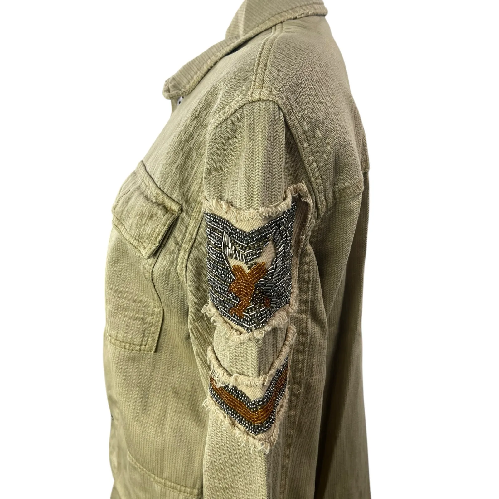 Free People Olive Green Khaki Embellished Army Utility Military Shirt Jacket S - Image 4