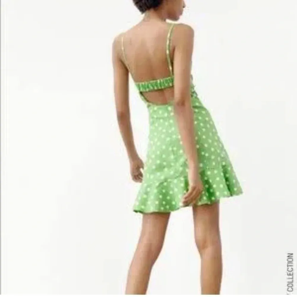 Zara | Green & White Linen Blend Polkadot Ruffle Hem Dress Size M NWT - Image 2