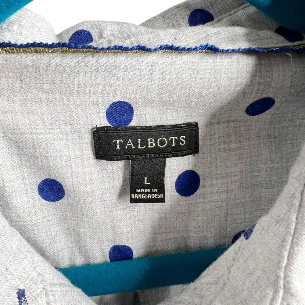 Talbots 100% Cotton Flannel Light Gray & Blue Polka Dot Button Front Shirt - Image 8