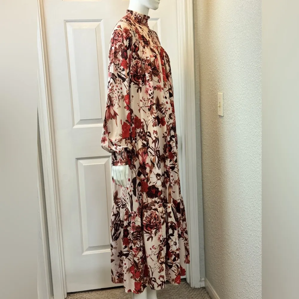 H&M 100% Viscose Romantic Red and Cream Floral Long Sleeve Dress Size 2 D16 - Image 4