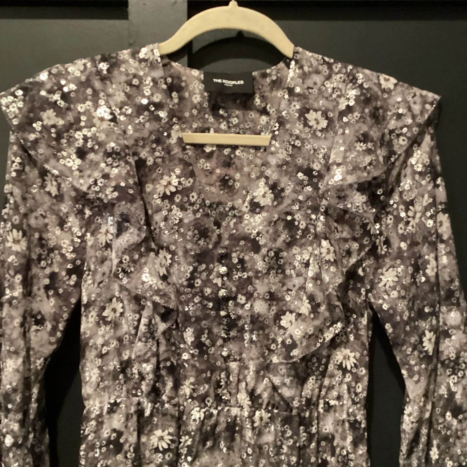 The Kooples black and Silver Floral Print ruffle v neck long sleeve midi dress 0 - Image 10