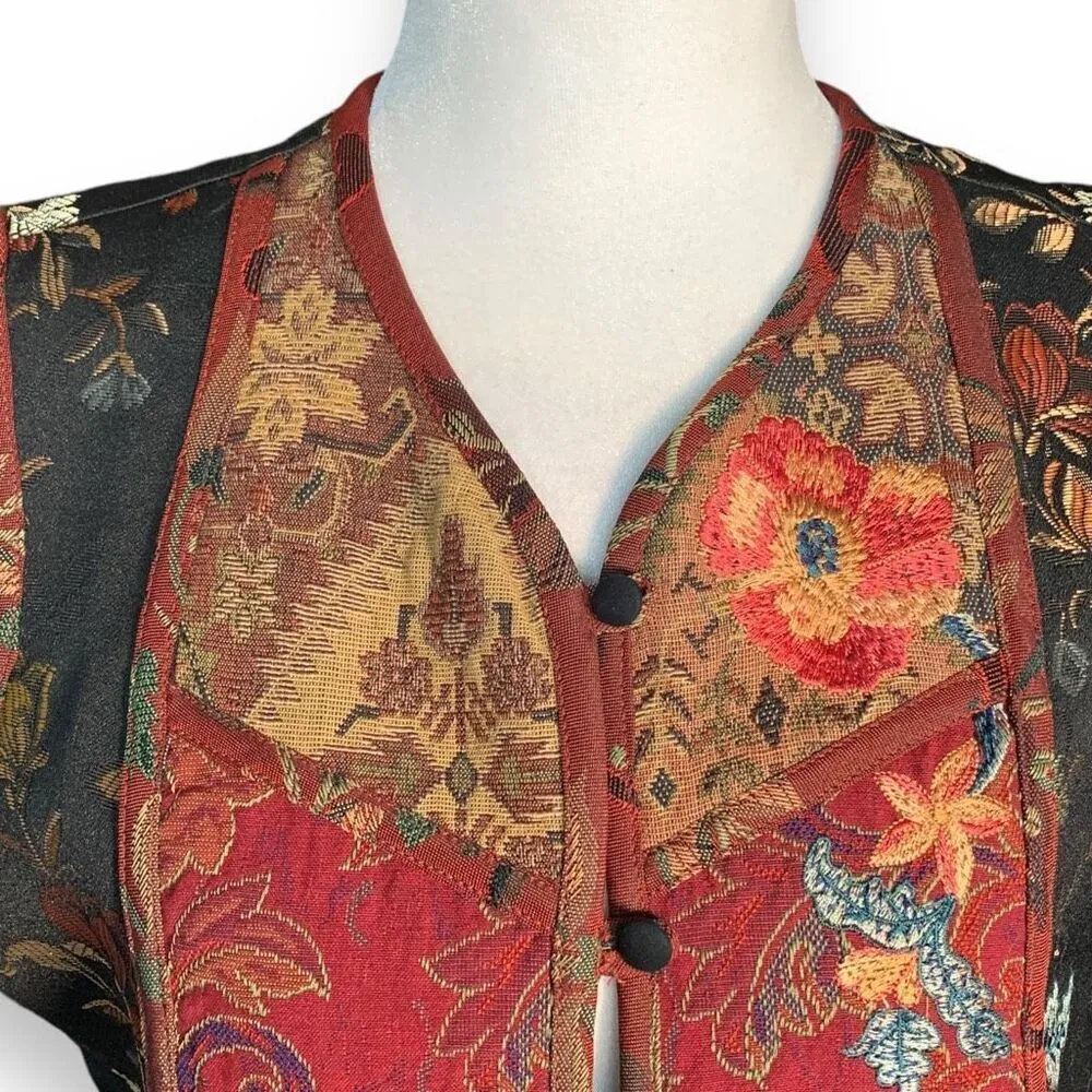 Vintage Coldwater Creek Vest Burgundy Floral Tapestry Patchwork Asian Style Black - Image 4