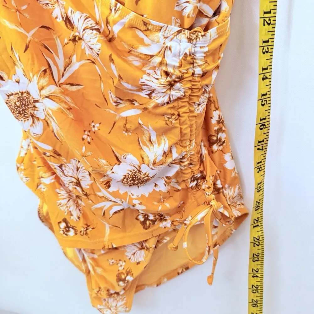 Niptuck Swim Women’s Size 12 Floral Plunge Ruched Padded Swimsuit Tummy Shaper Yellow - Image 7