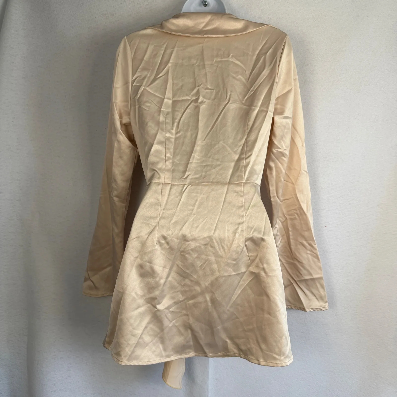 Prettylittlething Cream Satin Wrap Frill Dress Long Sleeve Womens 4 Ruffle - Image 7