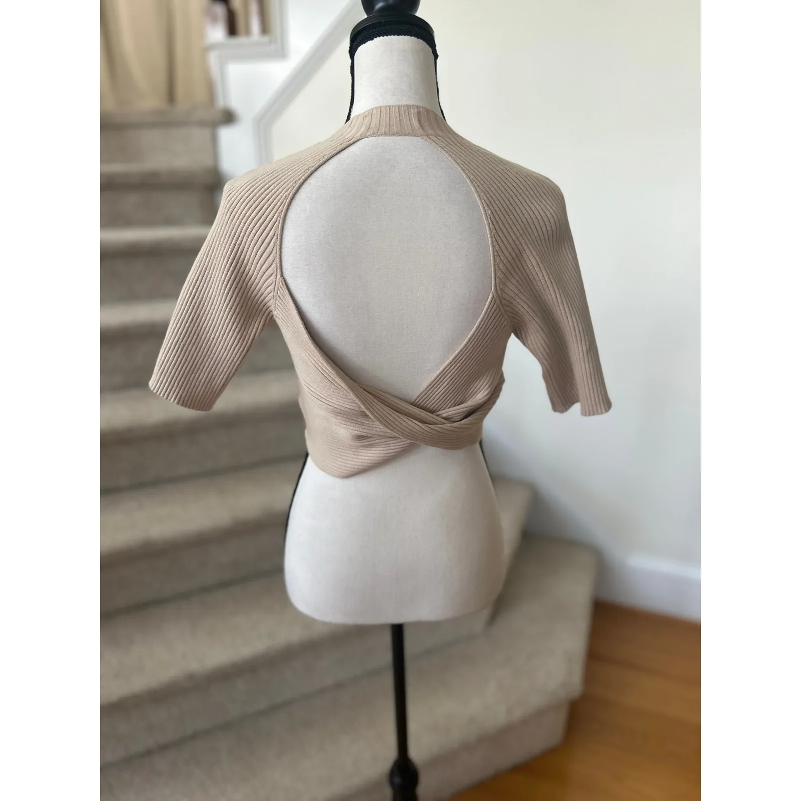 Naadam Tan Beige Ribbed Backless Twist High Neck Crop Top - Image 4