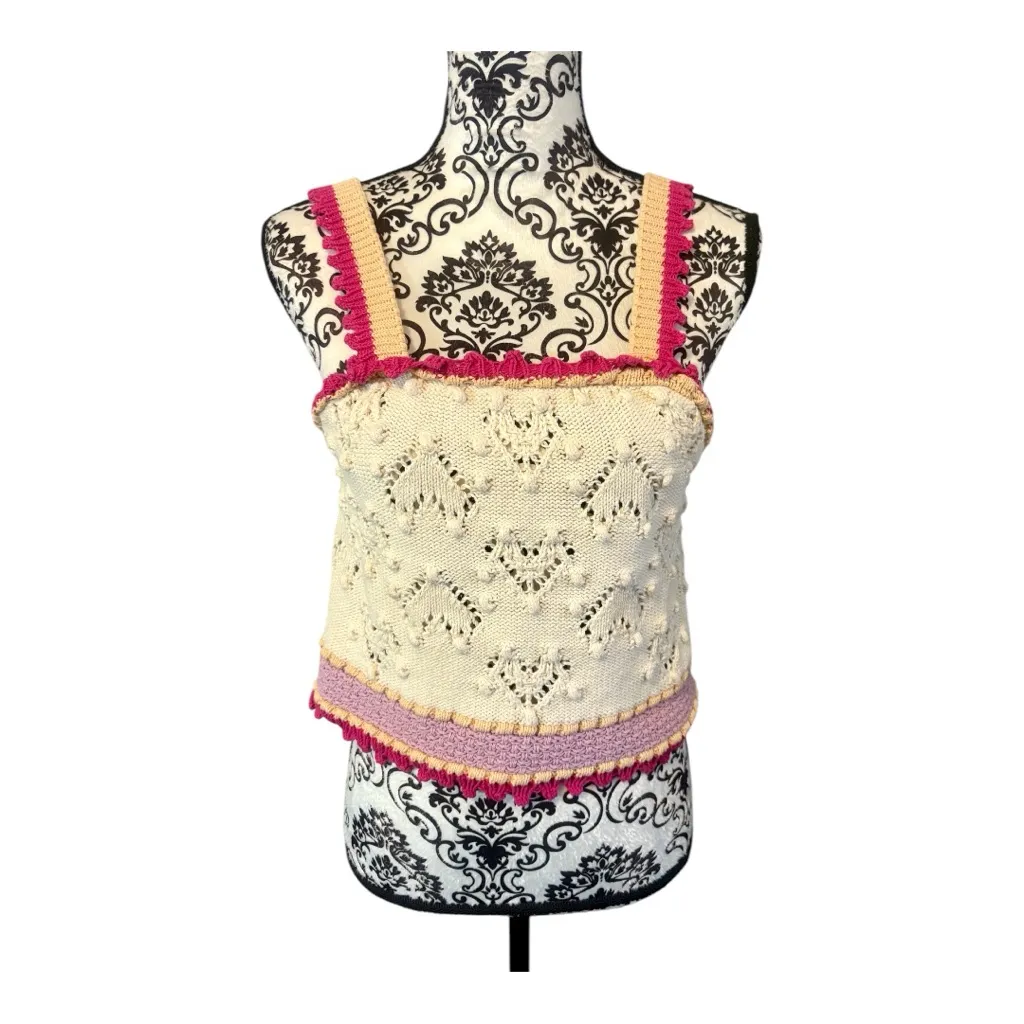 ZARA Crochet Knit Cream and Pink Crop Top - Image 2