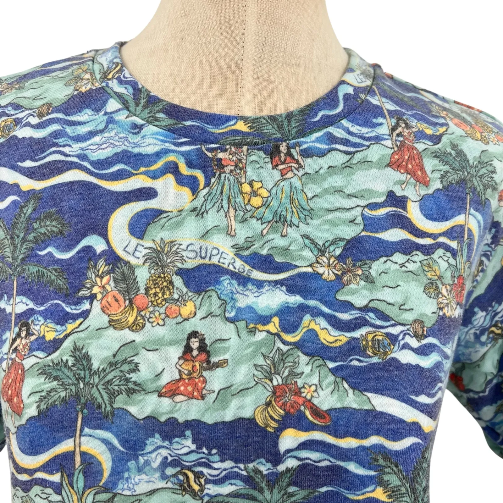 Le Superbe Fringed Tee Shirt Short‎ Sleeve Hawaiian Print Blue Size Small - Image 6