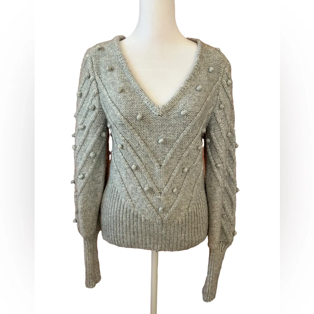 White House Black Market cozy chic PomPom embroidered puff sleeve gray sweater S - Image 2