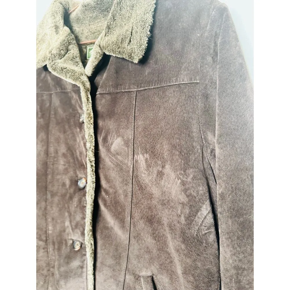 VINTAGE EDDIE BAUER Brown Faux Fur Lined Suede Leather Oversized Coat Size M - Image 8
