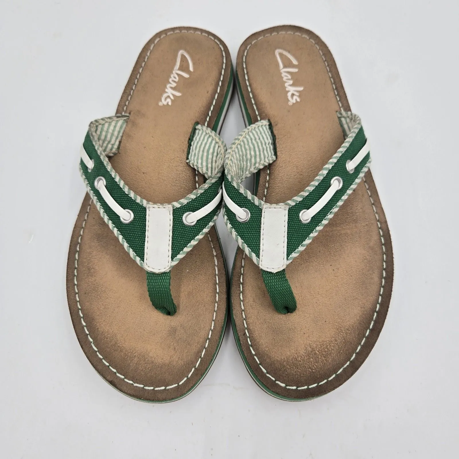 Clarks Sandals Womens 5 M Flo Cherrymore Slip On Thong Flip Flops Green White - Image 2