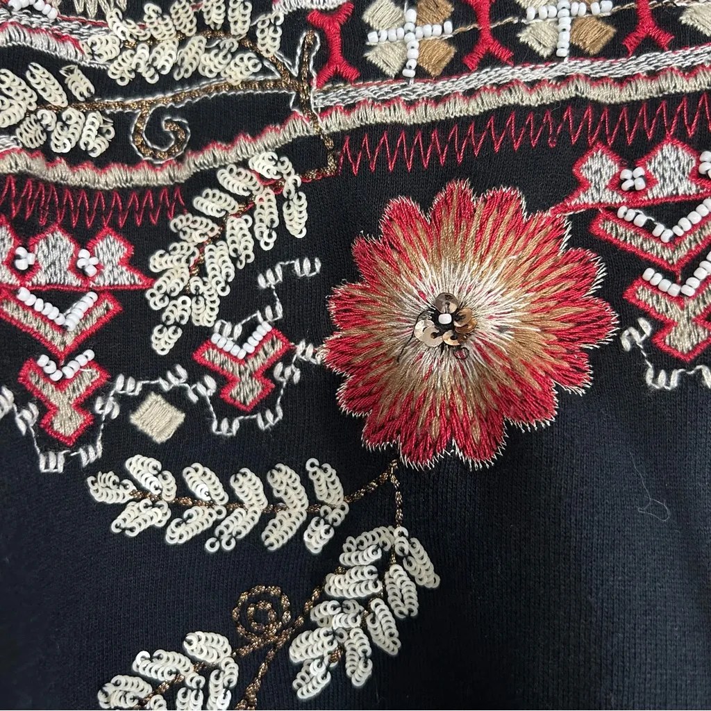 Zara Black Red Beaded Metallic Sequin Boho Embroidered Hoodie Raw Hem Sweater S - Image 6
