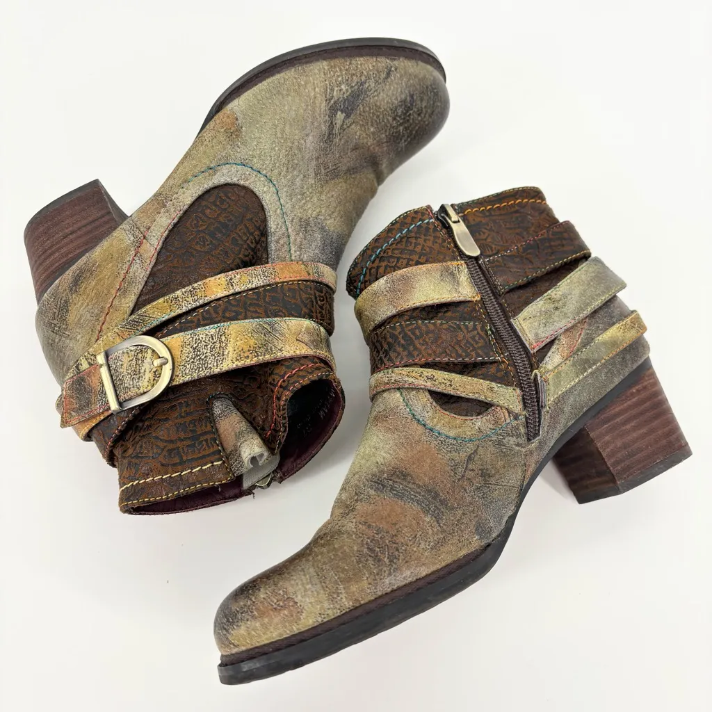 L'Artiste Spring Step Shazzam New Camel Hand Painted Leather Ankle Boots Size 7 Green - Image 6